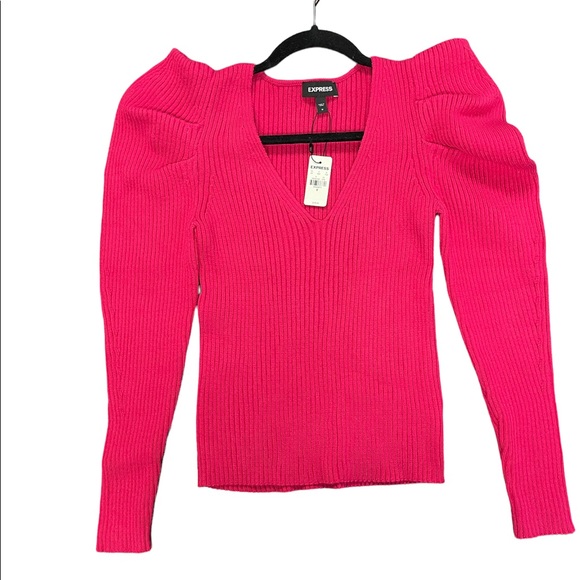 Express Sweaters Express Pink V Neck Ribbed Puff Sleeve Sweater